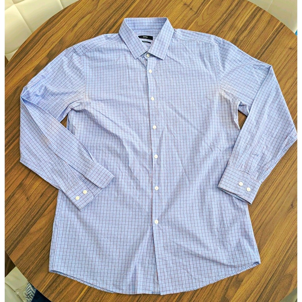 Hugo Boss Men's 16.5 32/33 Sharp Fit Blue Red Check Long Sleeve Dress Shirt